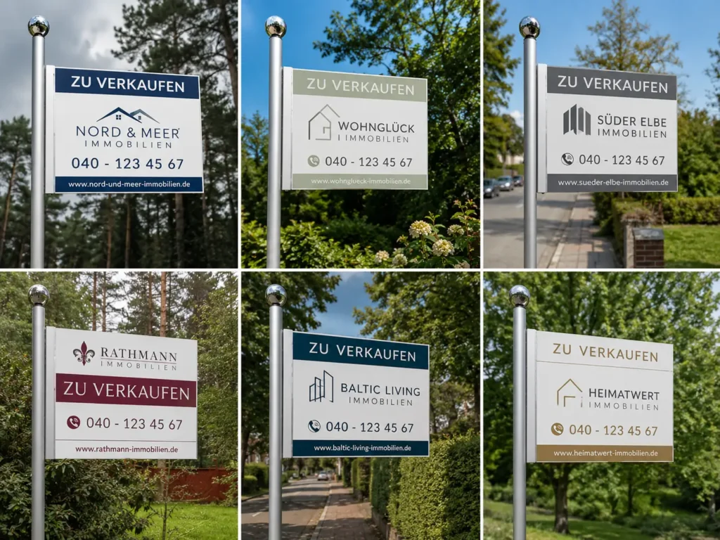 Sechs moderne Maklergalgen für Immobilienmakler mit individuell gestalteten Verkaufsschildern – Referenzen hochwertiger Immobilienwerbung von hallomakler.de.