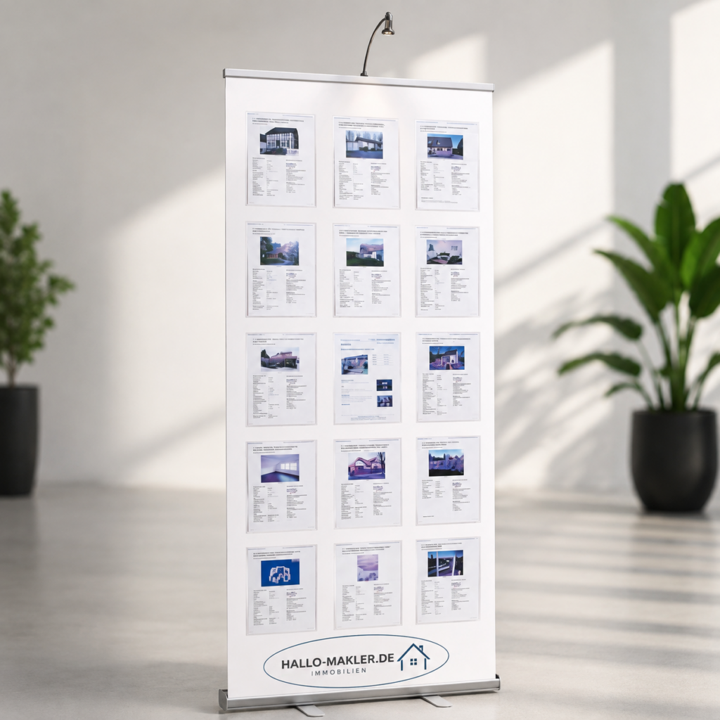 Mobiler Exposé-Präsentationsständer für Immobilienmakler mit DIN A4 Exposéhaltern für Schaufenster, Immobilienmessen und Verkaufsräume.